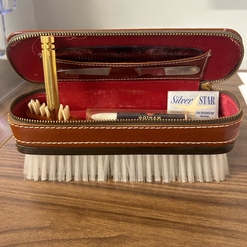 Vintage travel shoe brush with accessories